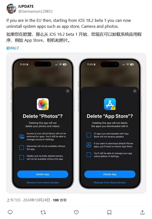 青湖路街道苹果手机维修分享iOS 18.2 支持删除 App Store 应用商店 